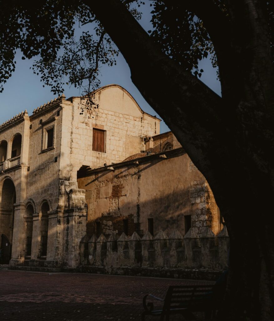 an old building with a tree in front of it